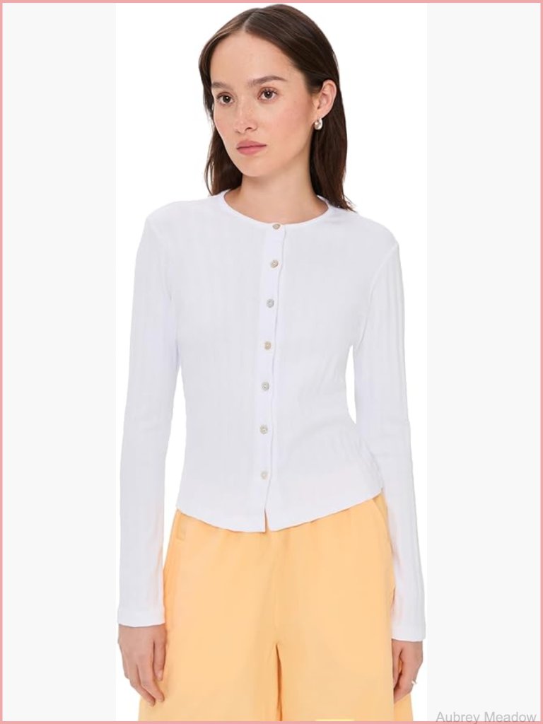 Lightweight Ribbed Cotton Cardigan Long Sleeve Crew Neck